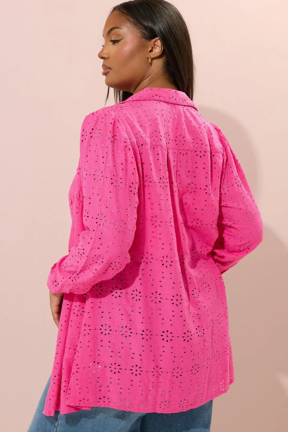 Tops>YOURS Curve Hot Pink Broderie Anglaise Long Sleeve Shirt