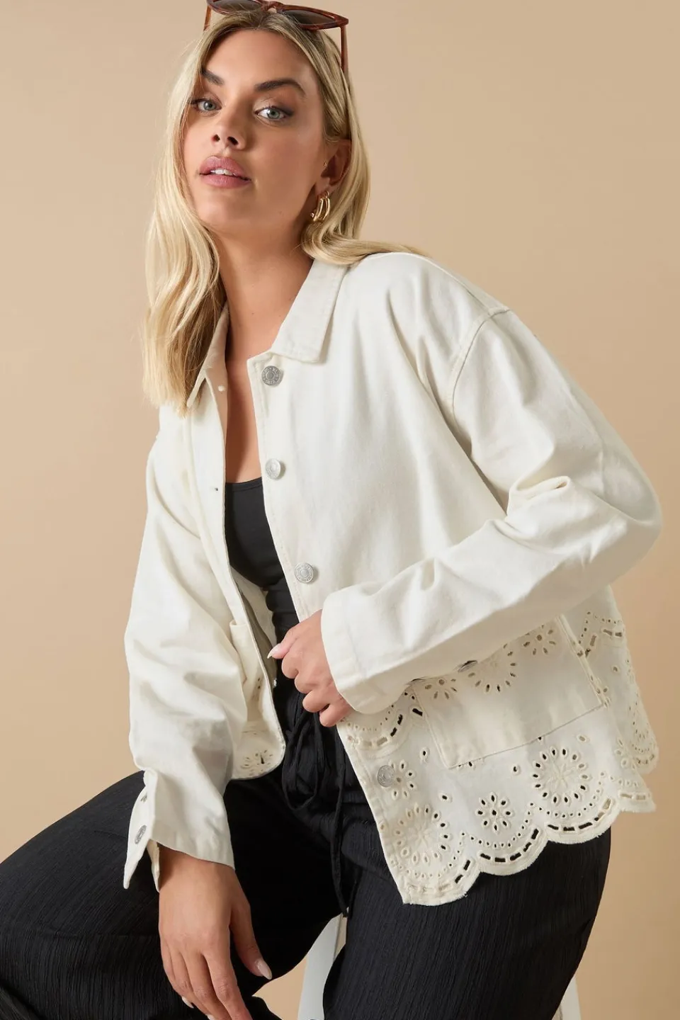 Coats & Jackets>YOURS Curve Ivory White Broderie Anglaise Twill Shacket