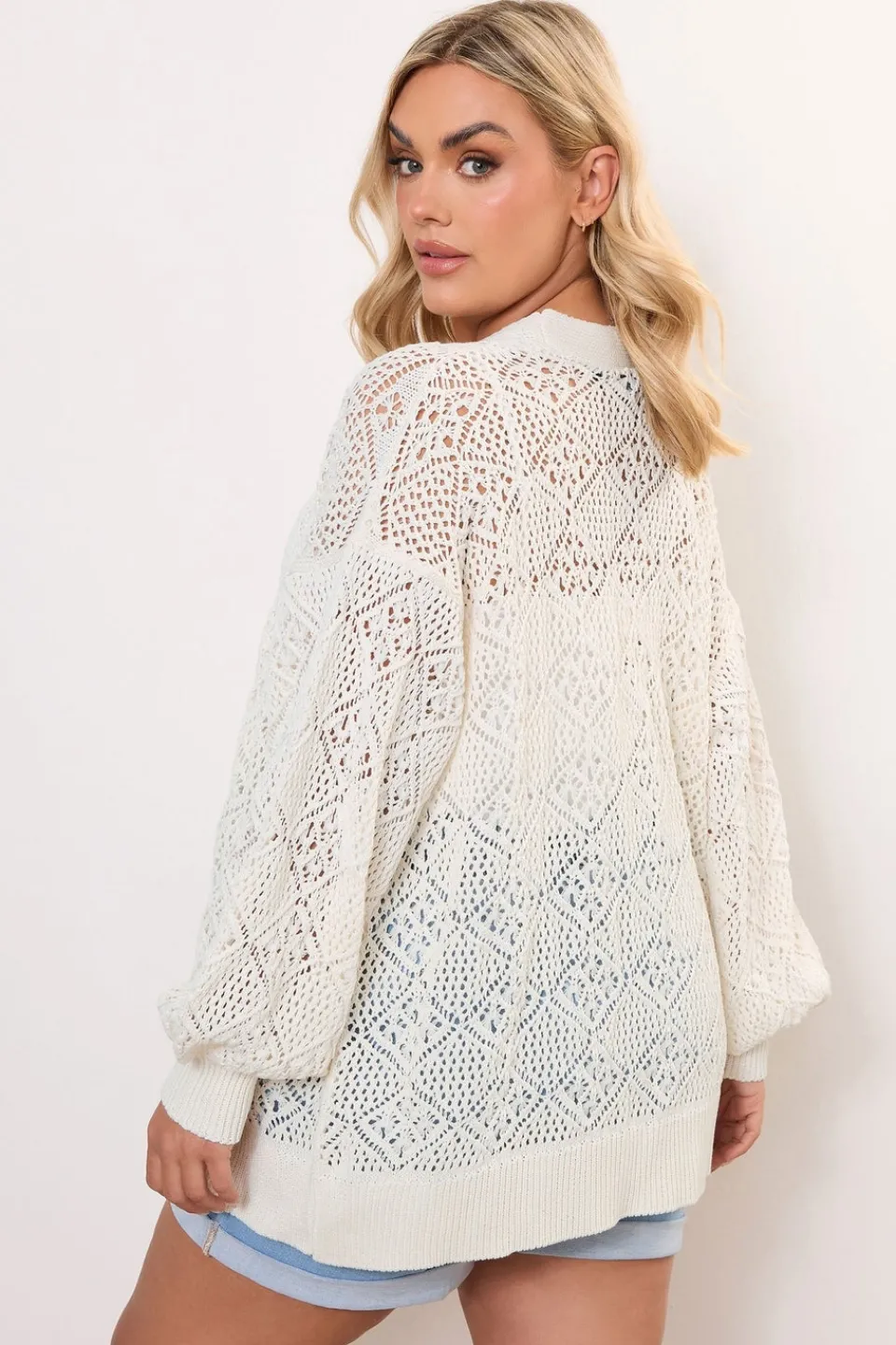 Tops>YOURS Curve Ivory White Balloon Sleeve Knitted Cardigan