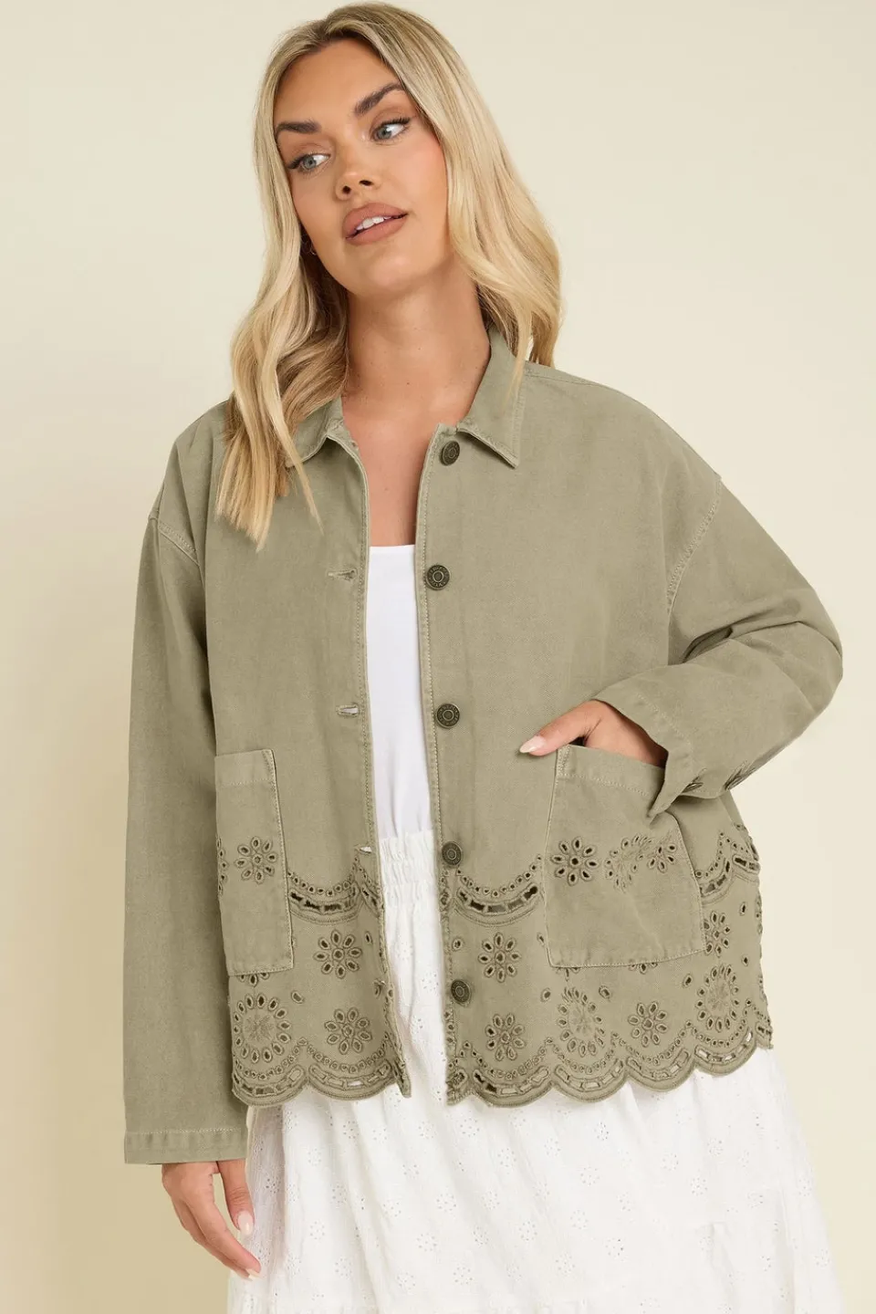 Coats & Jackets>YOURS Curve Khaki Green Broderie Anglaise Twill Shacket