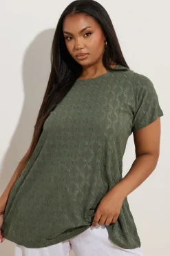T-Shirts>YOURS Curve Khaki Green Broderie Anglaise Textured Swing Top