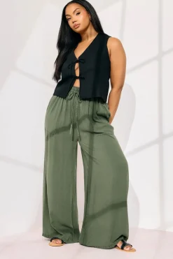 Trousers>YOURS Curve Khaki Green Chambray Tie Front Wide Leg Trousers