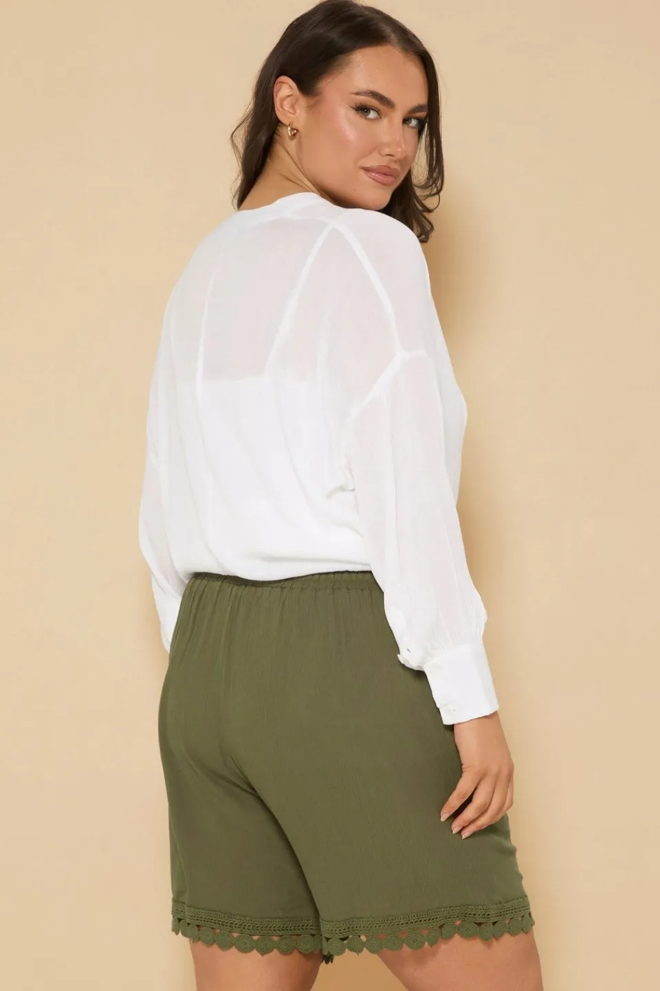 Shorts>YOURS Curve Khaki Green Crochet Trim Crinkle Shorts