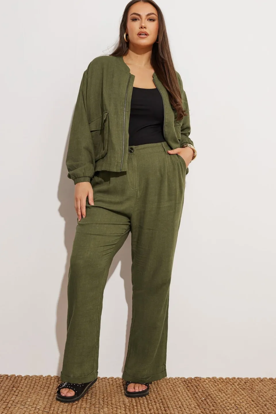 Trousers>YOURS Curve Khaki Green Formal Linen Trousers KhakiGreen