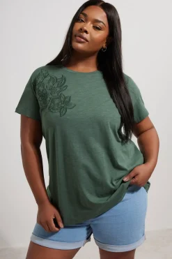 T-Shirts>YOURS Curve Khaki Green Floral Embroidered Stud Detail T-Shirt