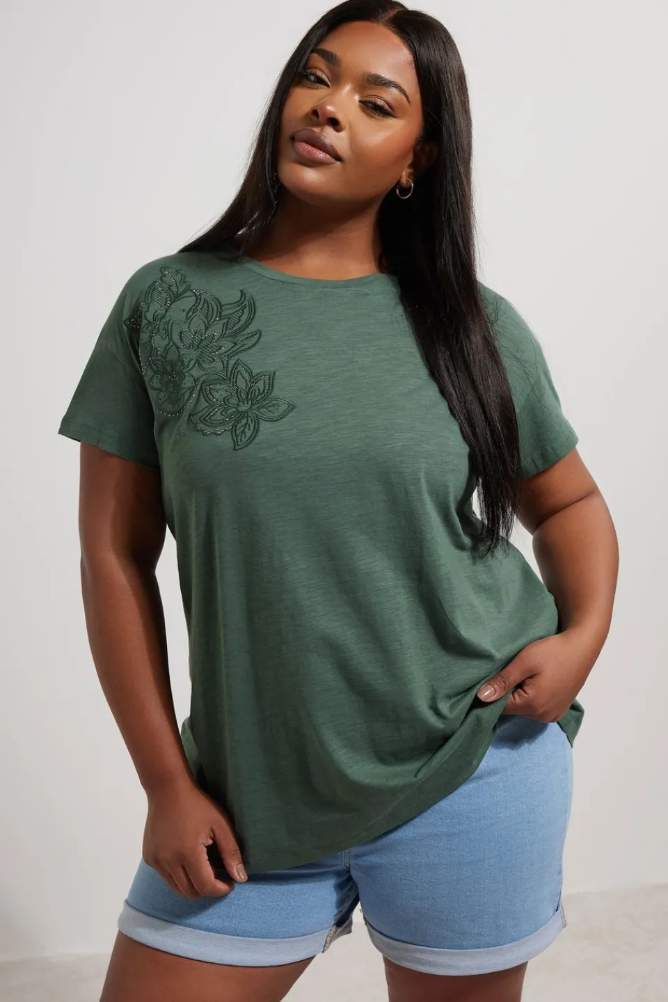 T-Shirts>YOURS Curve Khaki Green Floral Embroidered Stud Detail T-Shirt