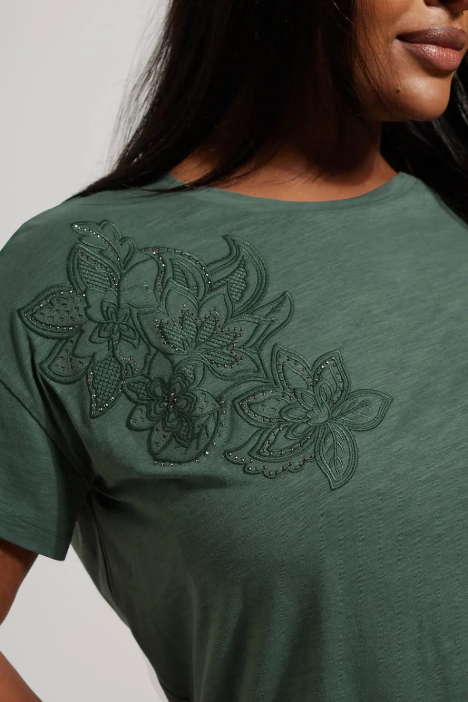 T-Shirts>YOURS Curve Khaki Green Floral Embroidered Stud Detail T-Shirt