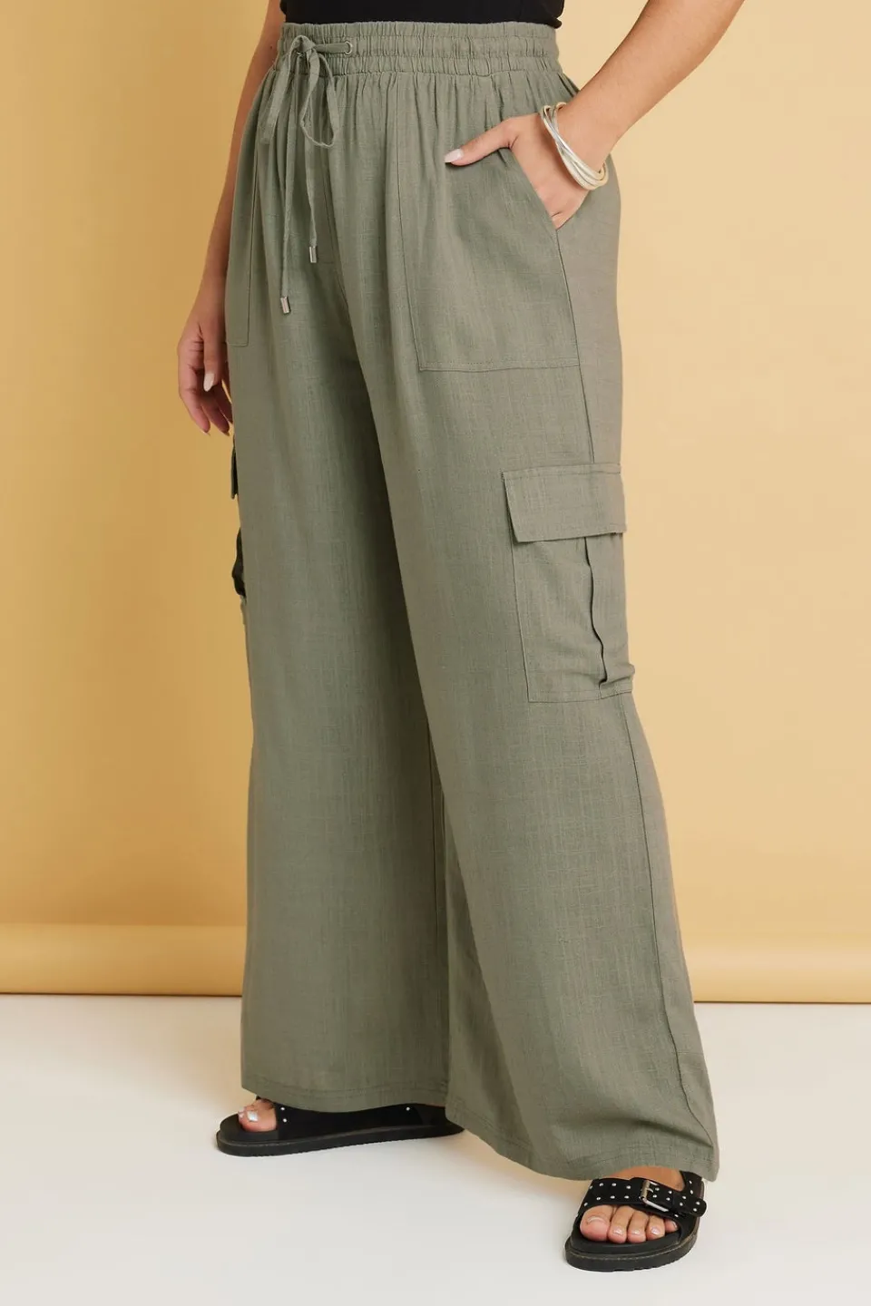 Trousers>YOURS Curve Khaki Green Linen Cargo Trousers KhakiGreen