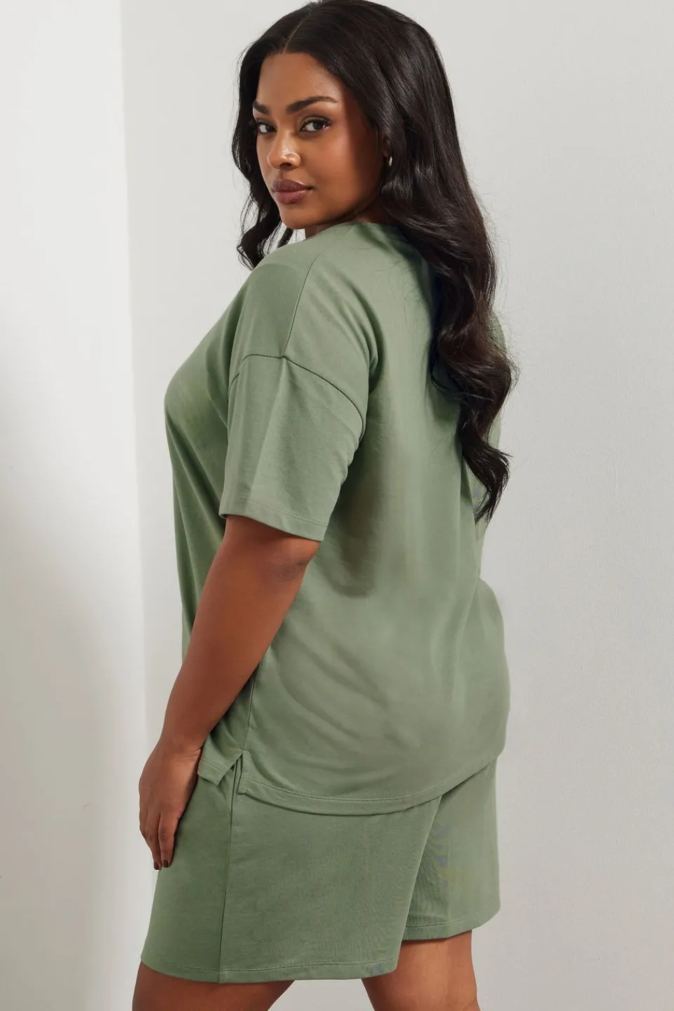 Tops>YOURS Curve Khaki Green Sweat Jersey T-Shirt & Shorts Set