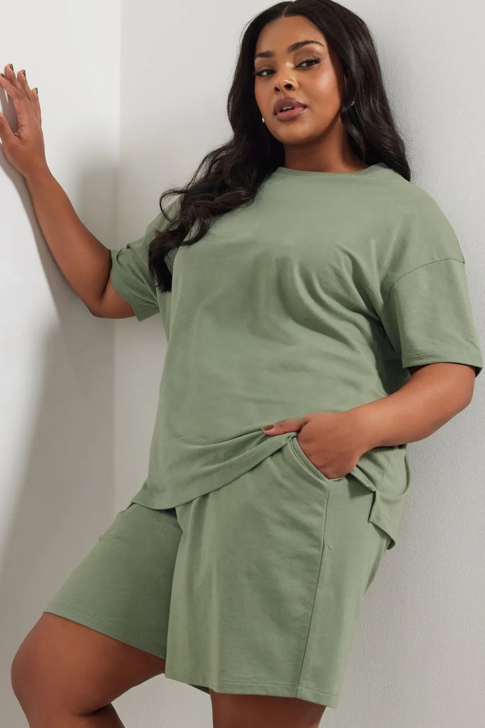 Tops>YOURS Curve Khaki Green Sweat Jersey T-Shirt & Shorts Set