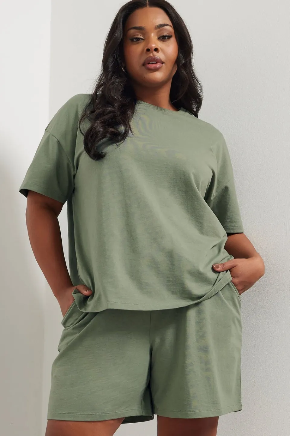 Tops>YOURS Curve Khaki Green Sweat Jersey T-Shirt & Shorts Set