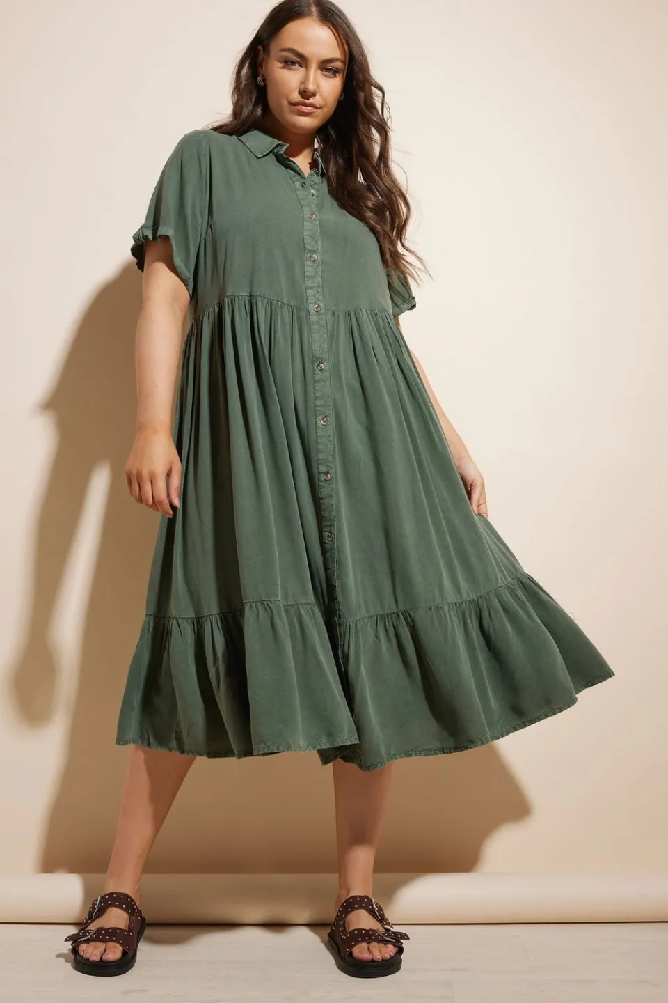 Dresses>YOURS Curve Khaki Green Tiered Maxi Chambray Shirt Dress KhakiGreen