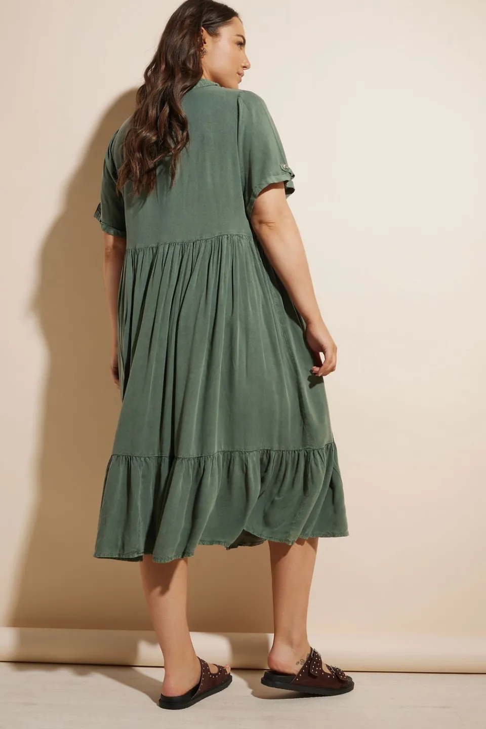 Dresses>YOURS Curve Khaki Green Tiered Maxi Chambray Shirt Dress KhakiGreen