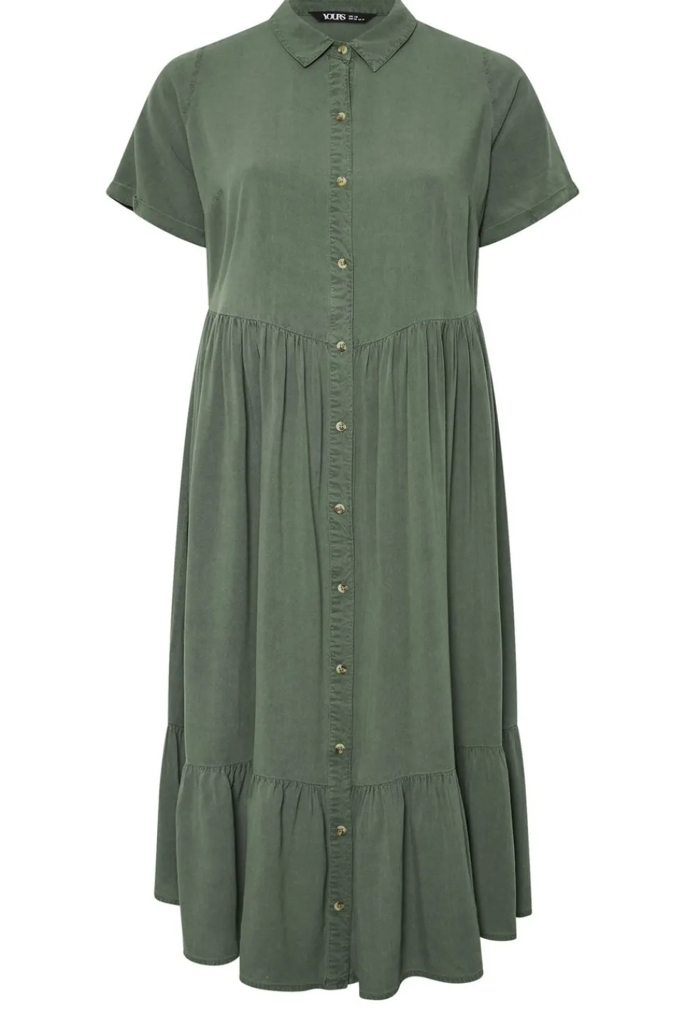 Dresses>YOURS Curve Khaki Green Tiered Maxi Chambray Shirt Dress KhakiGreen