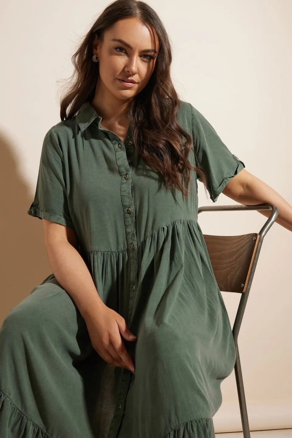 Dresses>YOURS Curve Khaki Green Tiered Maxi Chambray Shirt Dress KhakiGreen