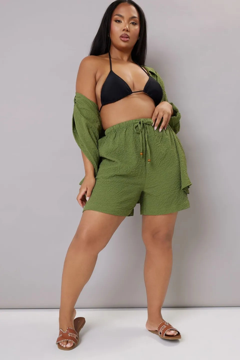 Shorts>YOURS Curve Khaki Green Textured Pull On Shorts KhakiGreen