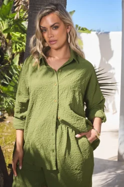 Tops>YOURS Curve Khaki Green Textured Long Sleeve Shirt