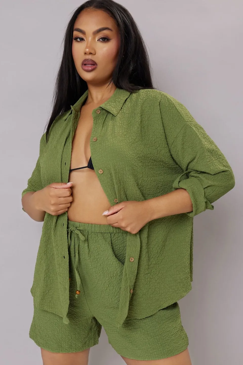 Tops>YOURS Curve Khaki Green Textured Long Sleeve Shirt