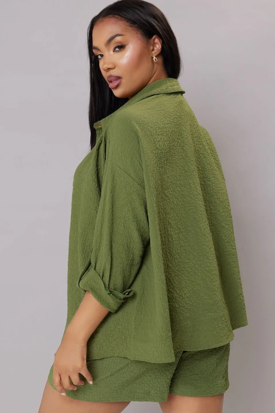 Tops>YOURS Curve Khaki Green Textured Long Sleeve Shirt