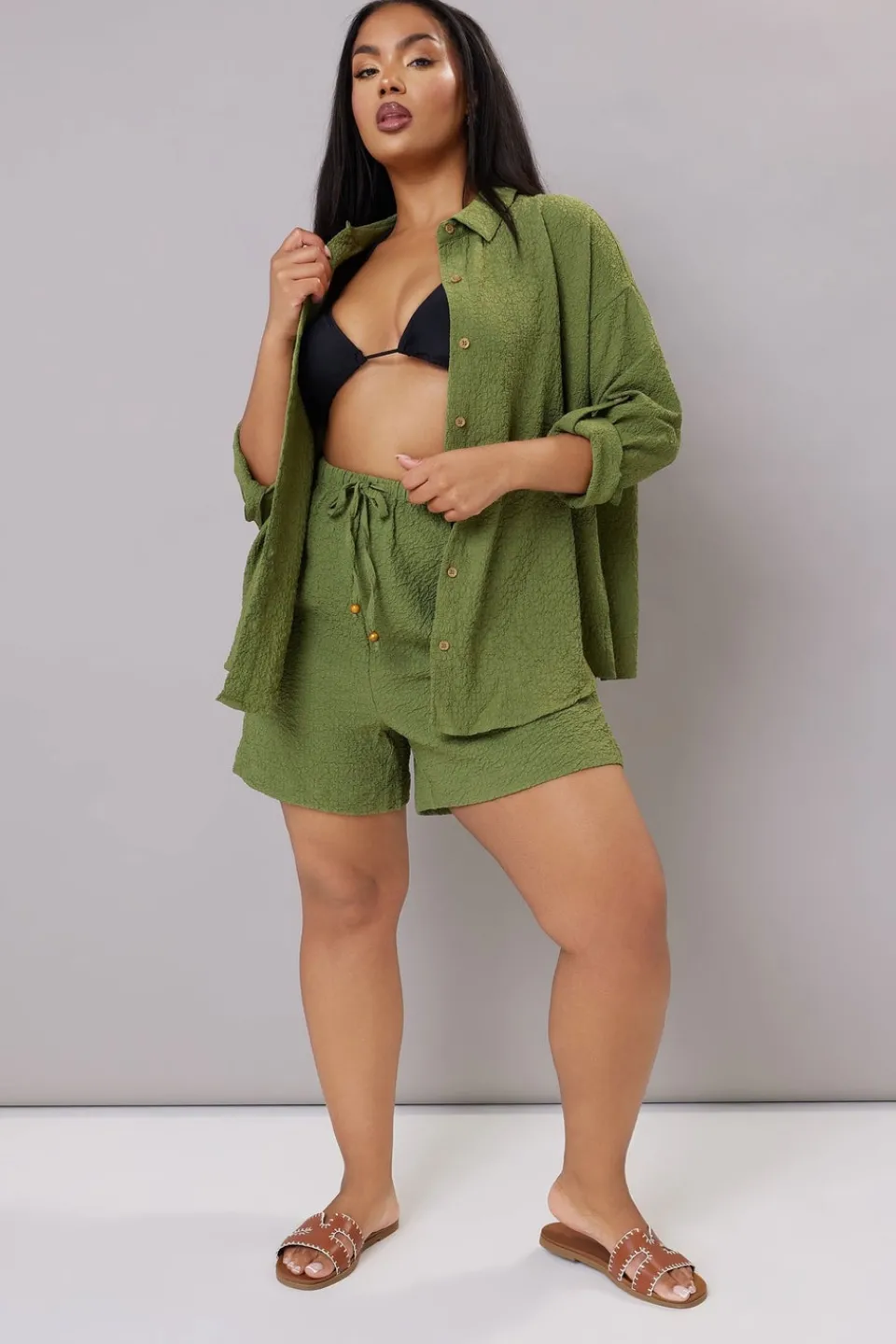 Tops>YOURS Curve Khaki Green Textured Long Sleeve Shirt