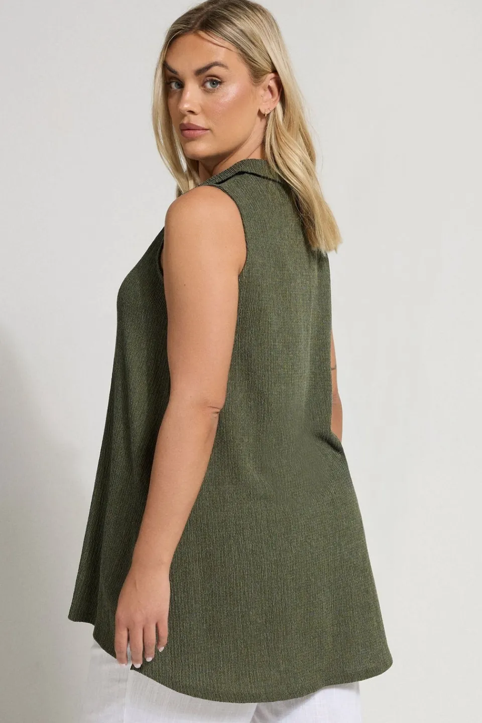 Tops>YOURS Curve Khaki Green Textured Sleeveless Shirt