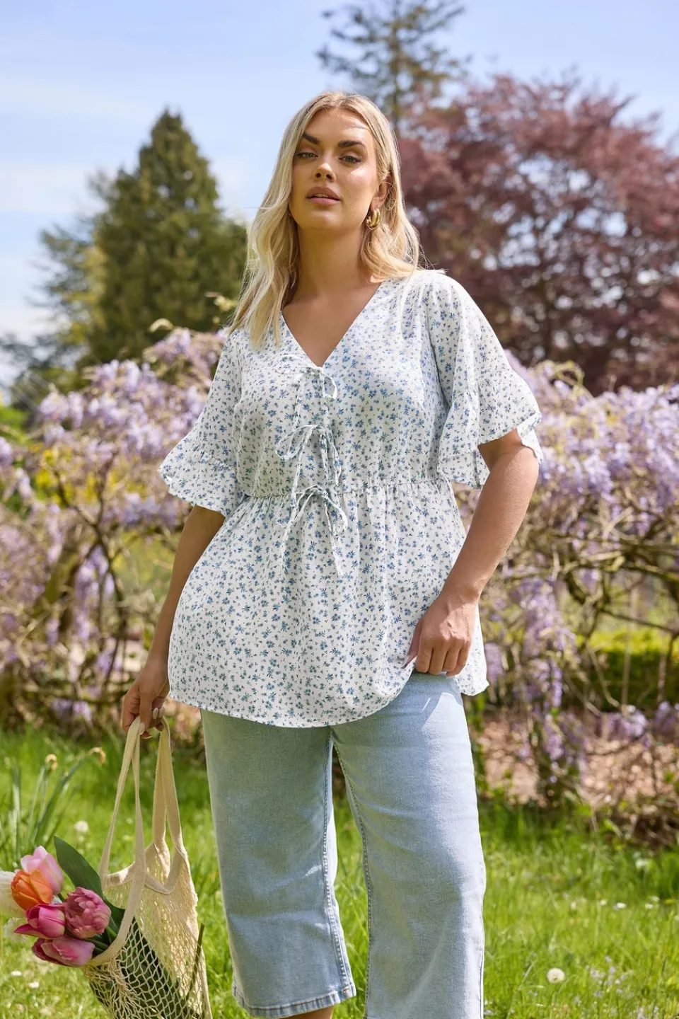 Tops>YOURS Curve Light Blue Ditsy Floral Tie Front Peplum Top