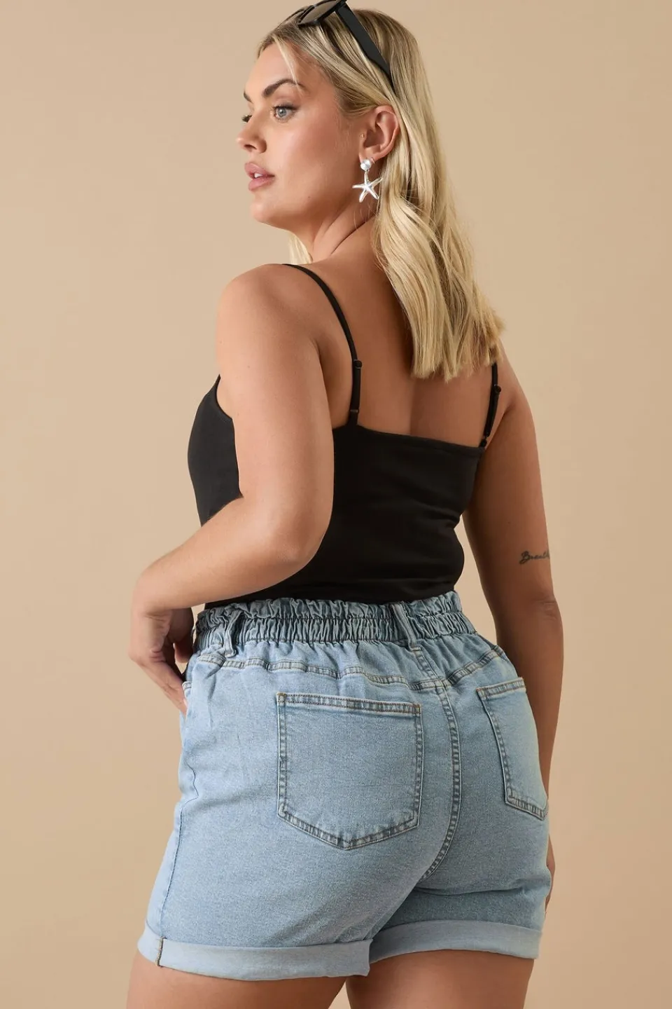 Shorts>YOURS Curve Light Blue Elasticated Waist Turn Up Denim Shorts