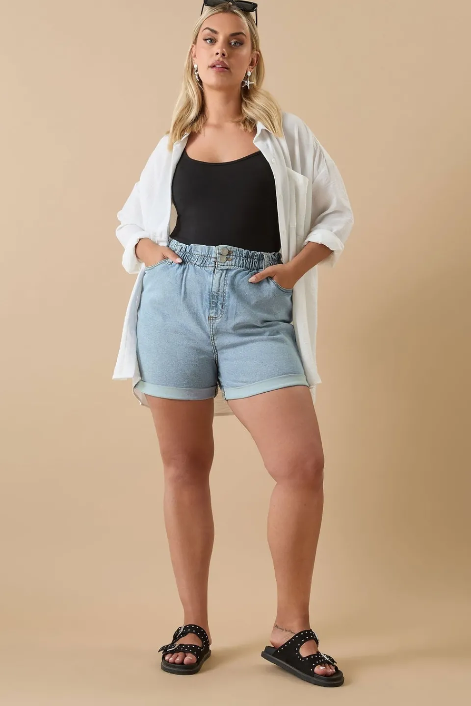Shorts>YOURS Curve Light Blue Elasticated Waist Turn Up Denim Shorts