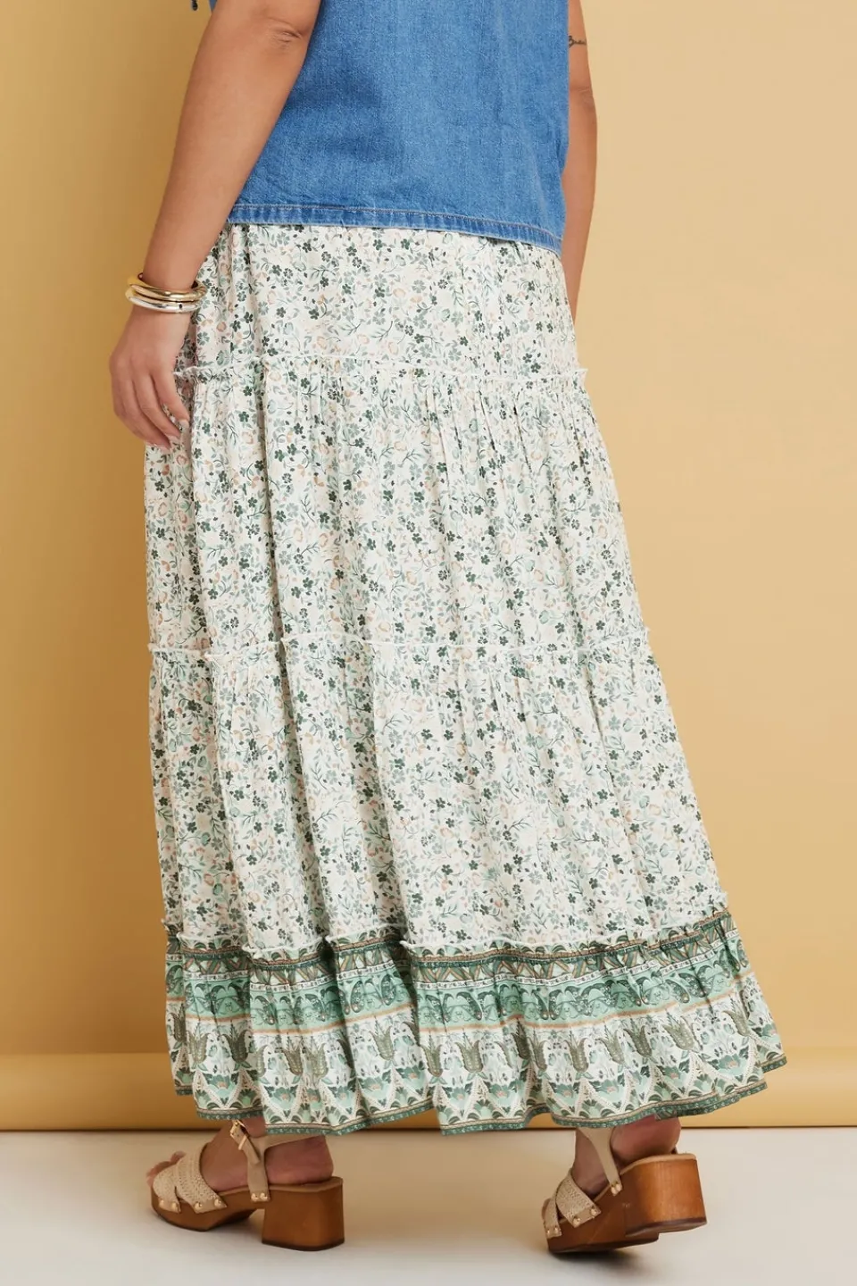 Skirts>YOURS Curve Light Green Ditsy Floral Tiered Skirt