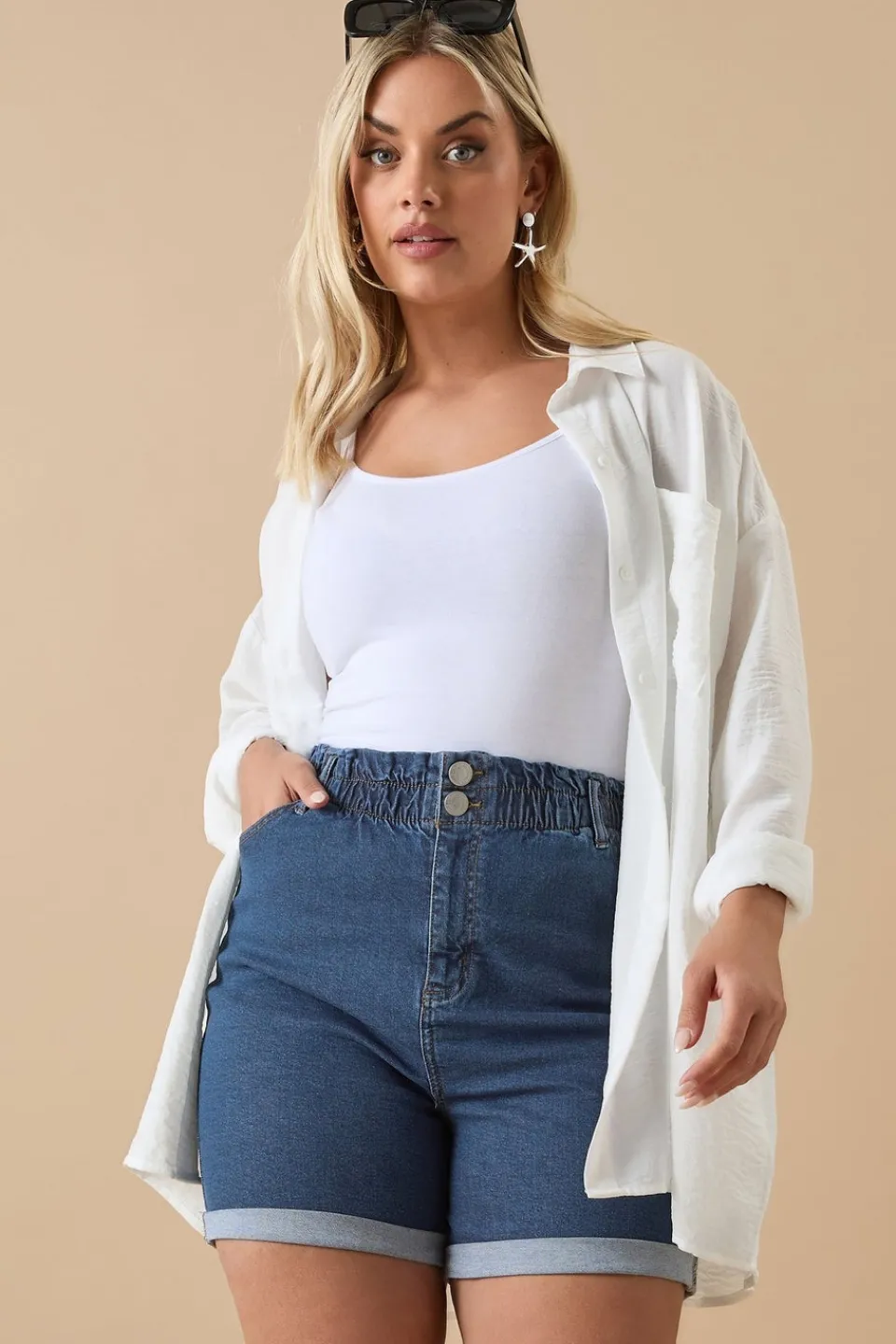 Shorts>YOURS Curve Mid Blue Elasticated Waist Turn Up Denim Shorts