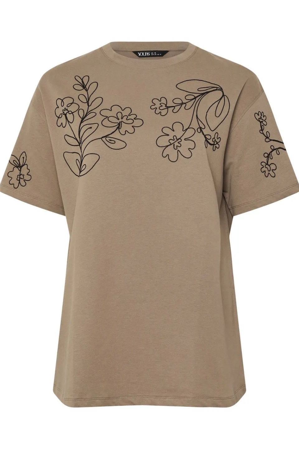 T-Shirts>YOURS Curve Mocha Brown Floral Embroidered Oversized T-Shirt