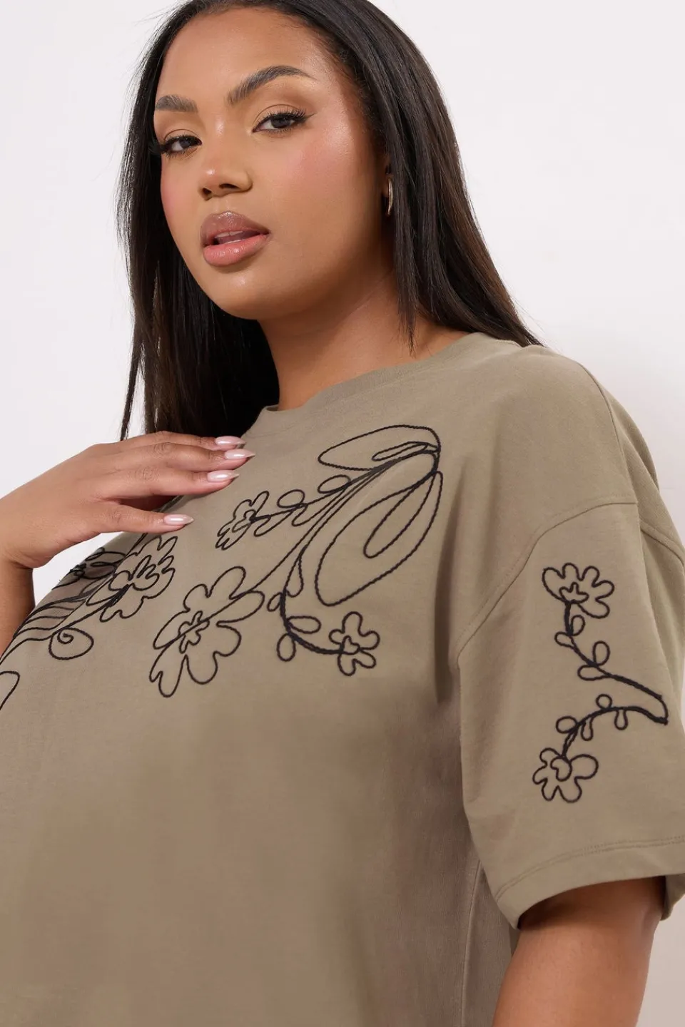 T-Shirts>YOURS Curve Mocha Brown Floral Embroidered Oversized T-Shirt