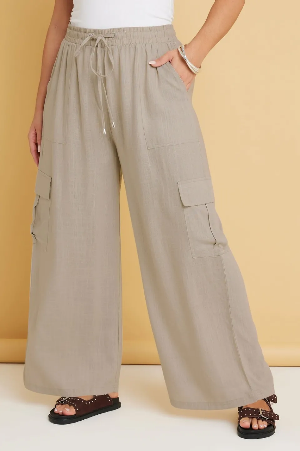 Trousers>YOURS Curve Brown Linen Cargo Trousers Natural