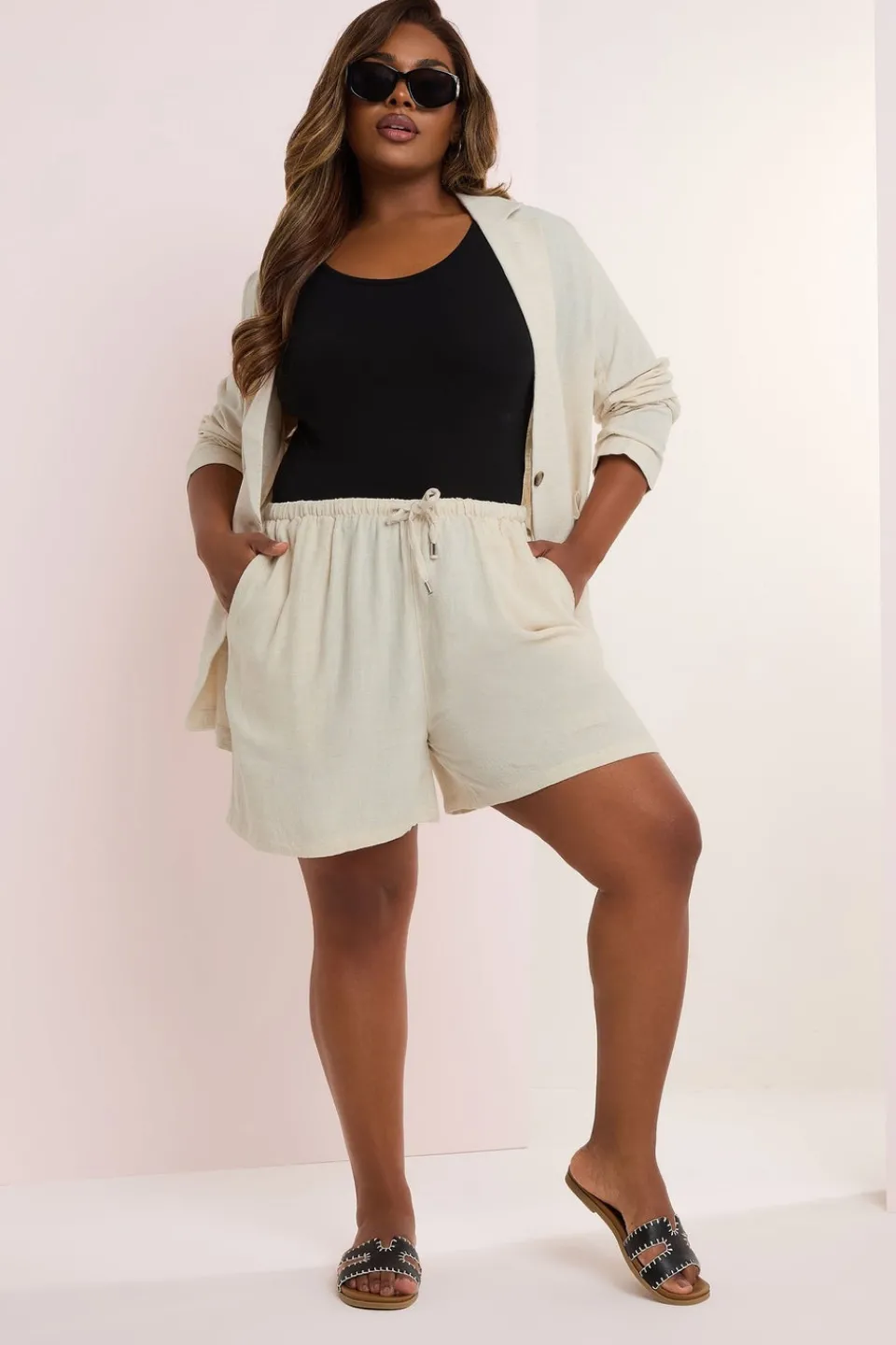 Shorts>YOURS Curve Brown Tie Front Linen Shorts Natural
