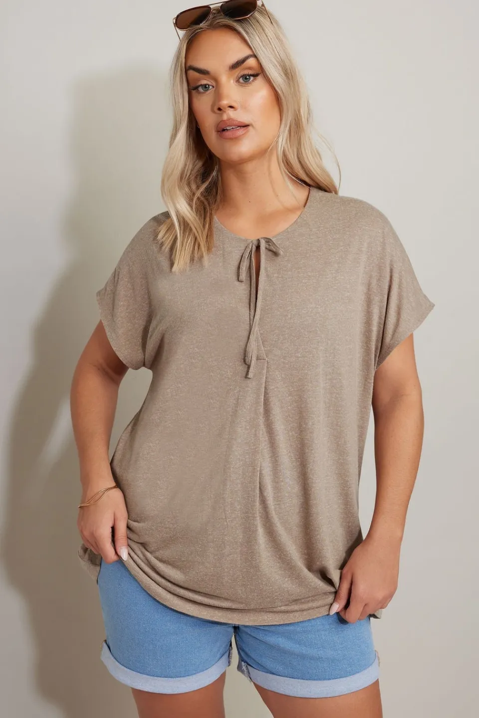 Tops>YOURS Curve Natural Brown Linen Marl Tie Front Top