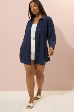 Tops>YOURS Curve Navy Blue Broderie Anglaise Long Sleeve Shirt