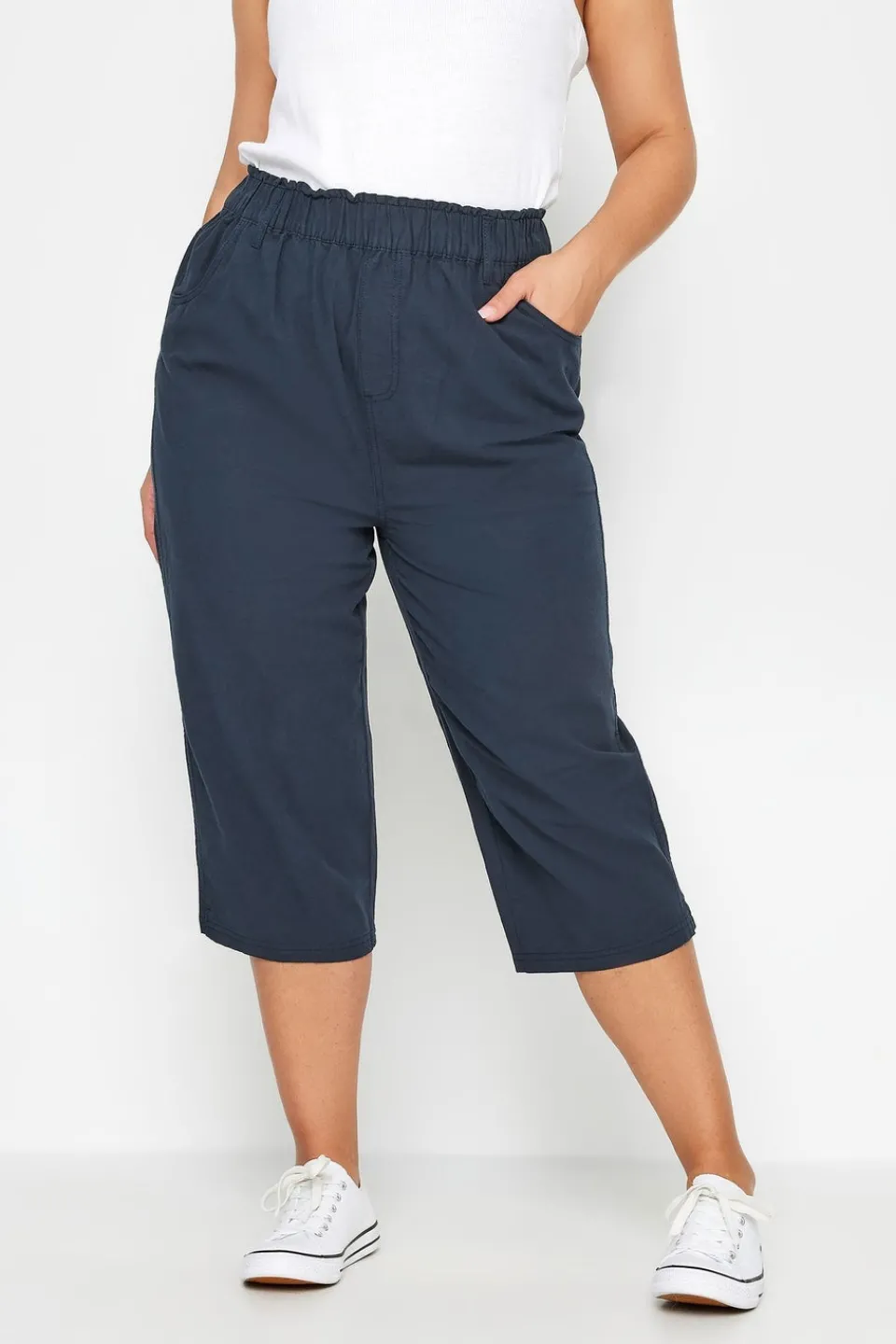 Trousers>YOURS Curve Navy Blue Cool Cotton Cropped Trousers NavyBlue