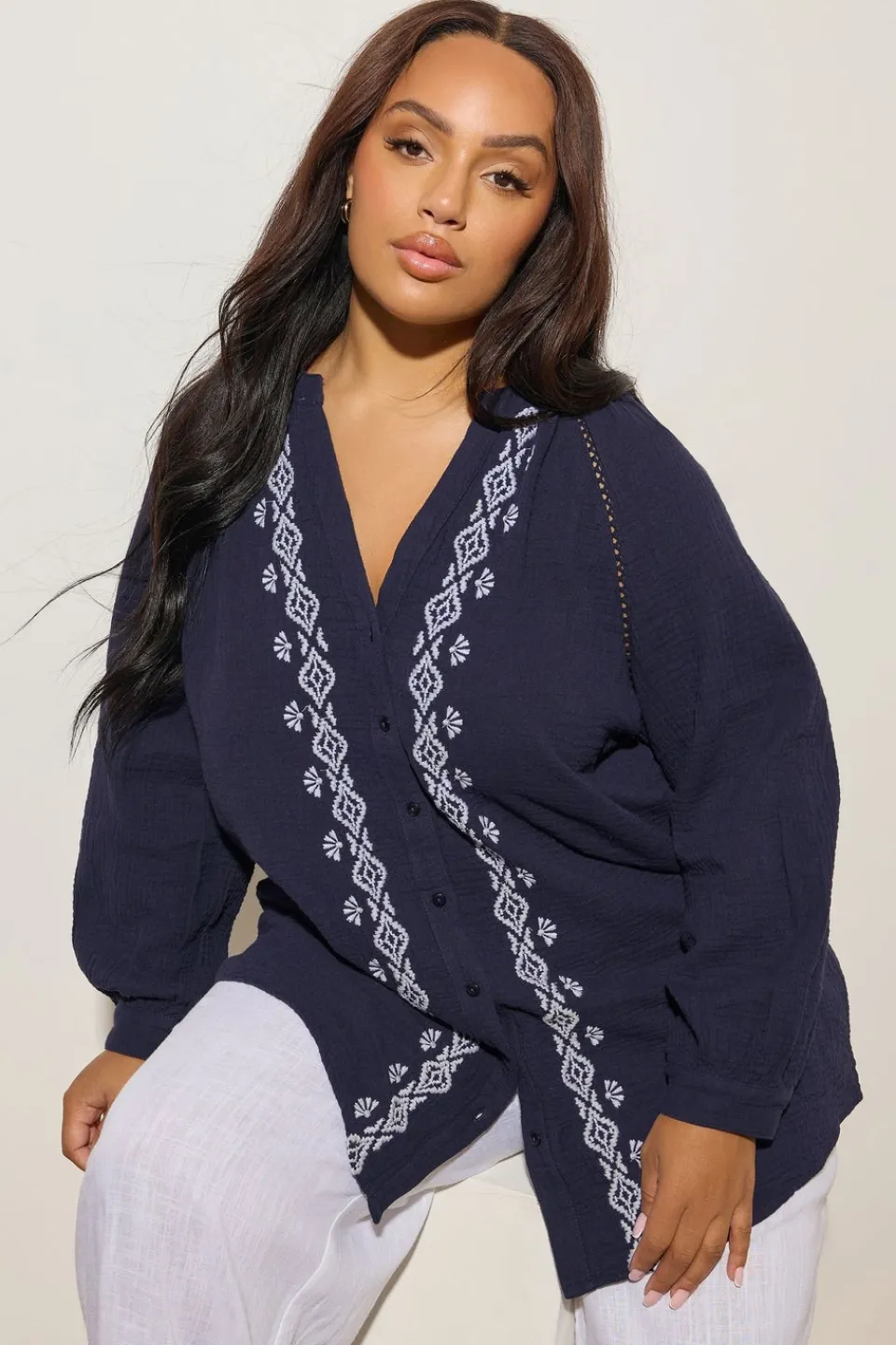 Tops>YOURS Curve Navy Blue Embroidered Cheesecloth Shirt