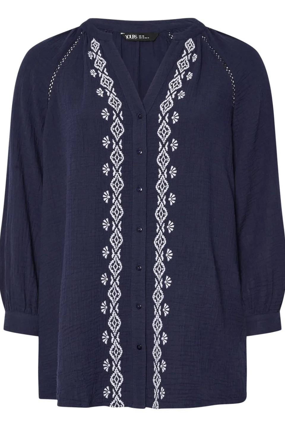 Tops>YOURS Curve Navy Blue Embroidered Cheesecloth Shirt