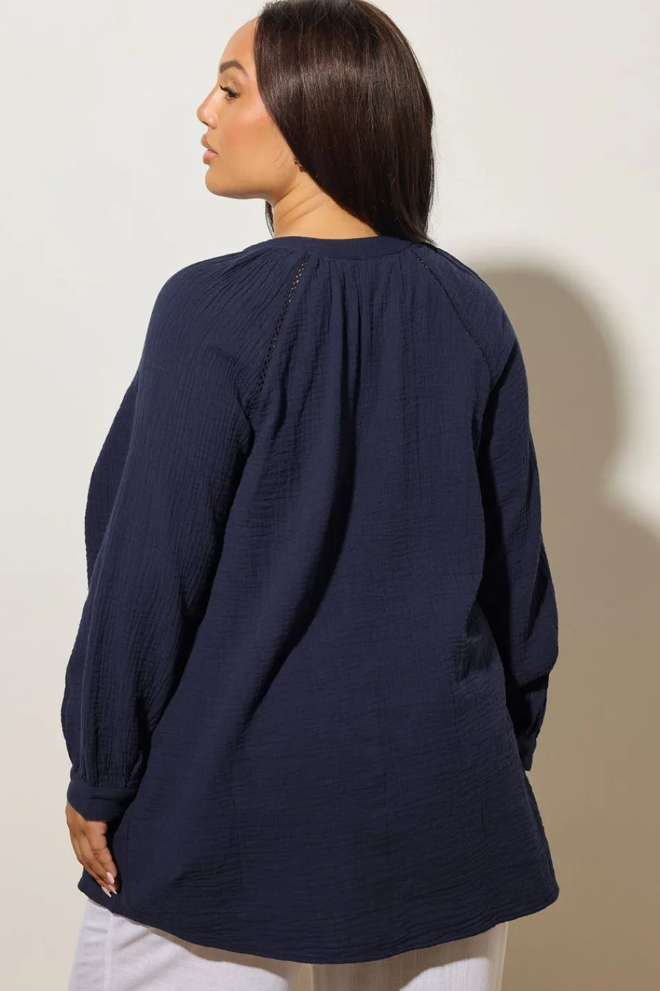 Tops>YOURS Curve Navy Blue Embroidered Cheesecloth Shirt