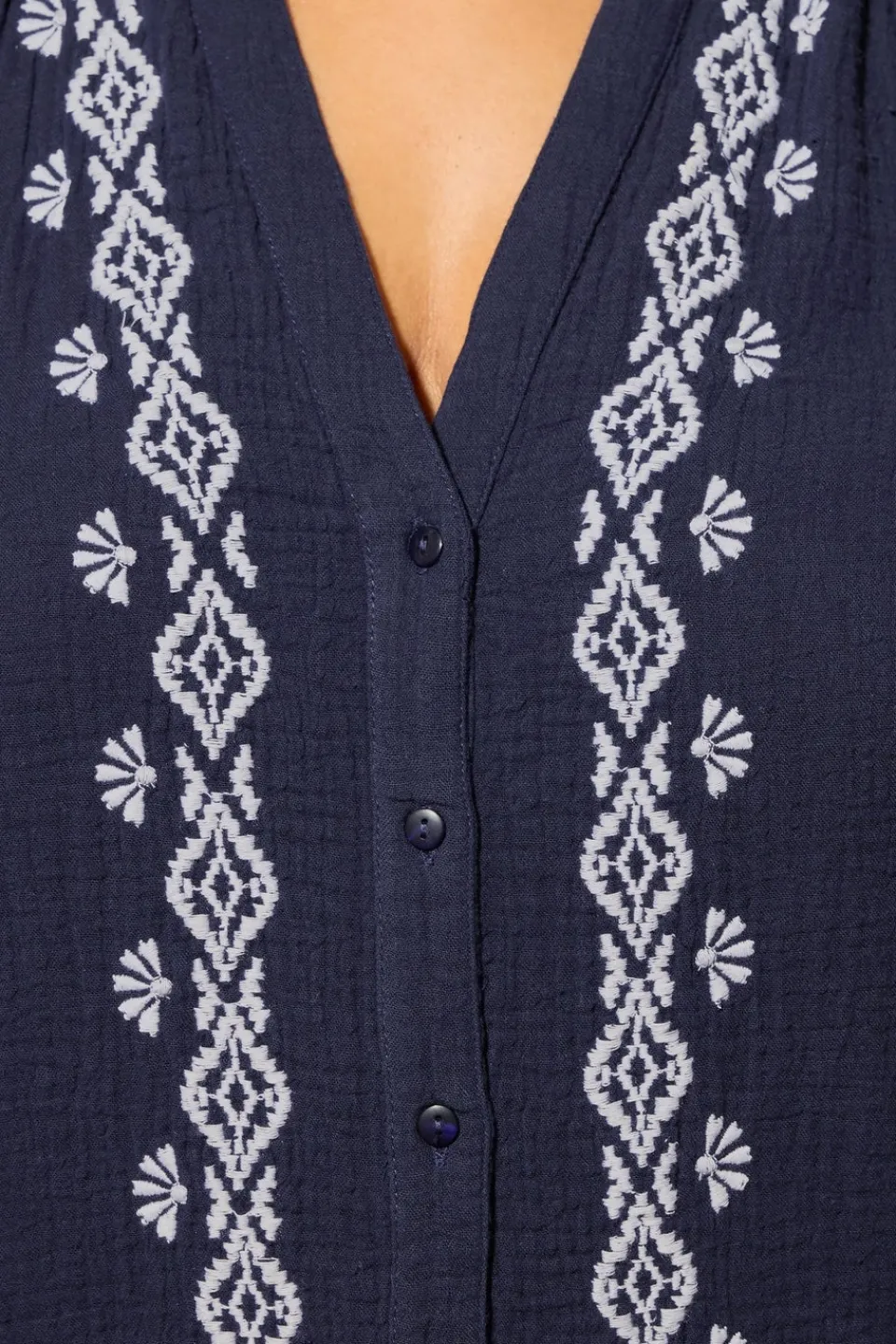 Tops>YOURS Curve Navy Blue Embroidered Cheesecloth Shirt