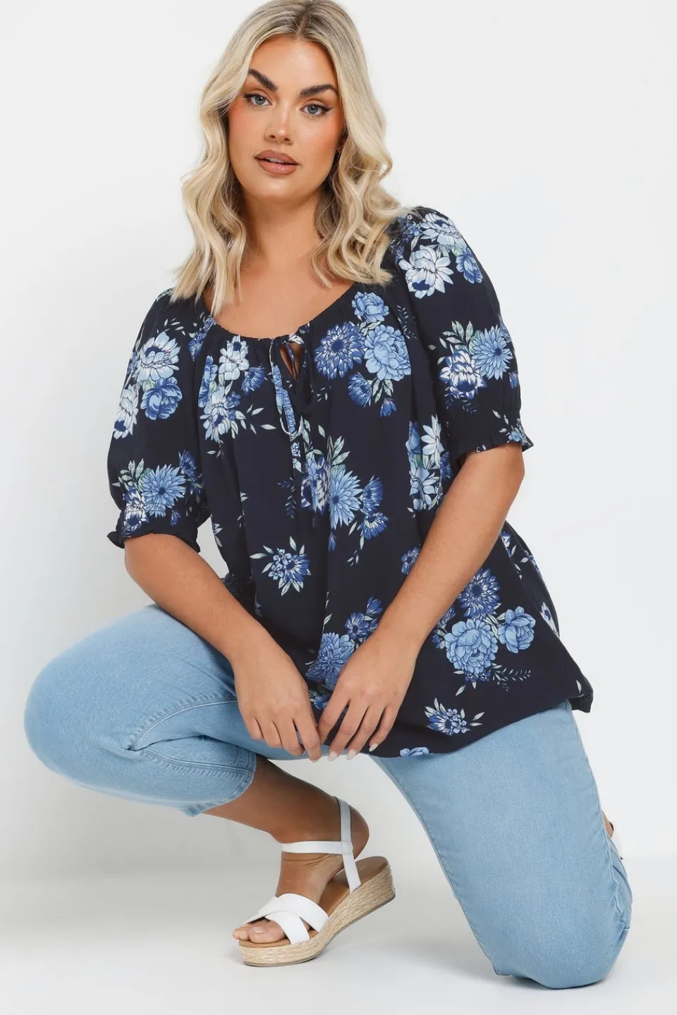 T-Shirts>YOURS Curve Navy Blue Floral Tie Neck Top