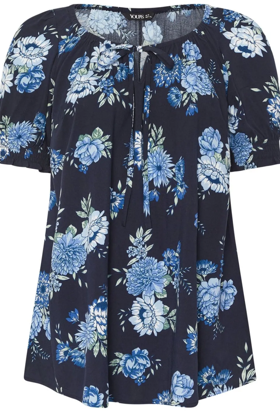 T-Shirts>YOURS Curve Navy Blue Floral Tie Neck Top