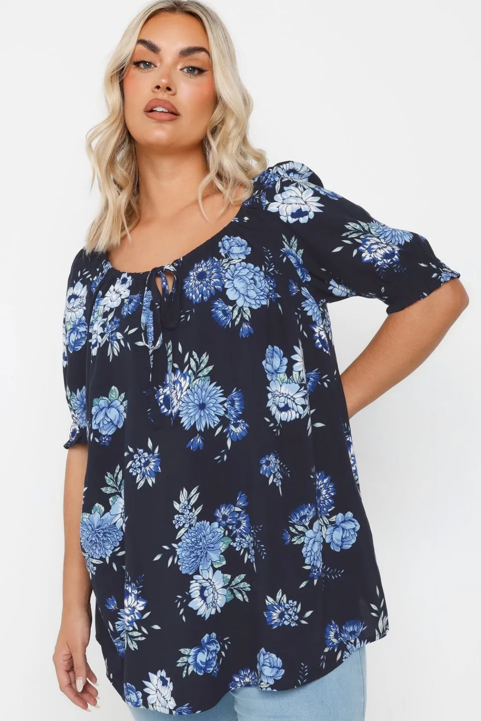T-Shirts>YOURS Curve Navy Blue Floral Tie Neck Top