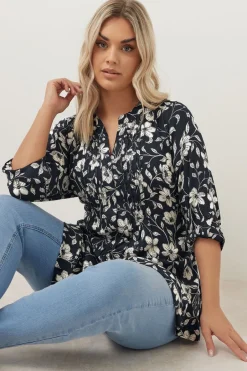 Tops>YOURS Curve Navy Blue Floral Pintuck Blouse