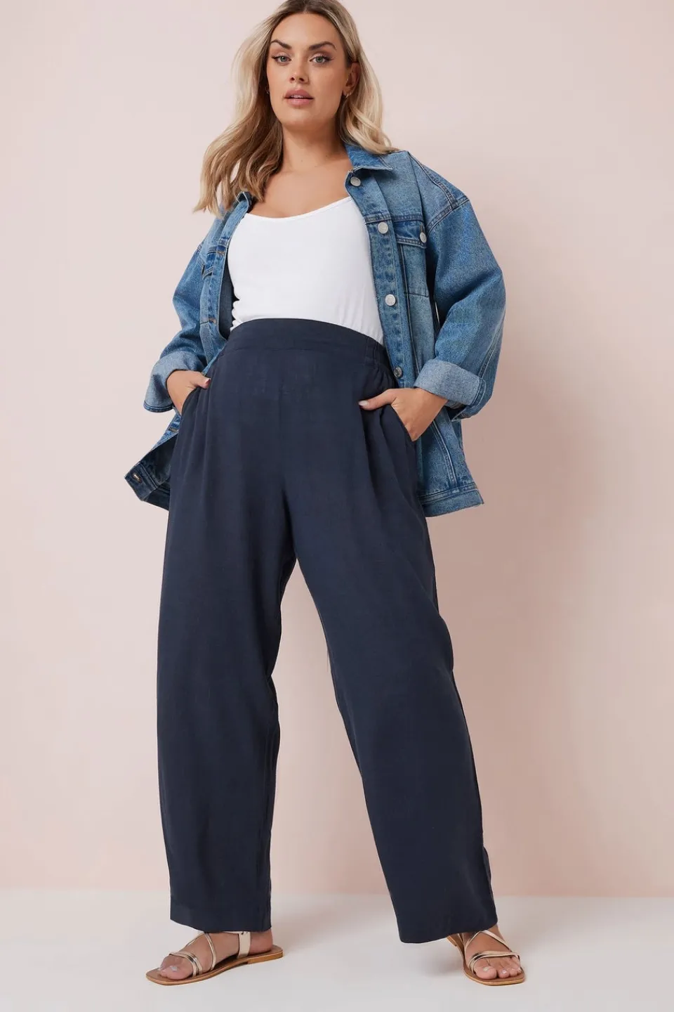 Trousers>YOURS Curve Navy Blue Linen Wide Leg Trousers NavyBlue