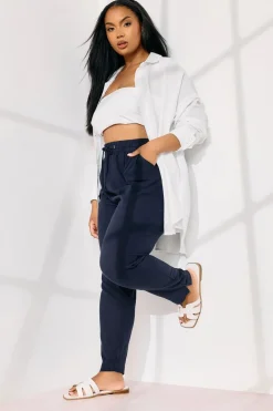 Trousers>YOURS Curve Navy Blue Linen Tie Front Joggers