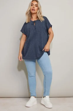 T-Shirts>YOURS Curve Navy Blue Linen Marl Tie Front Top