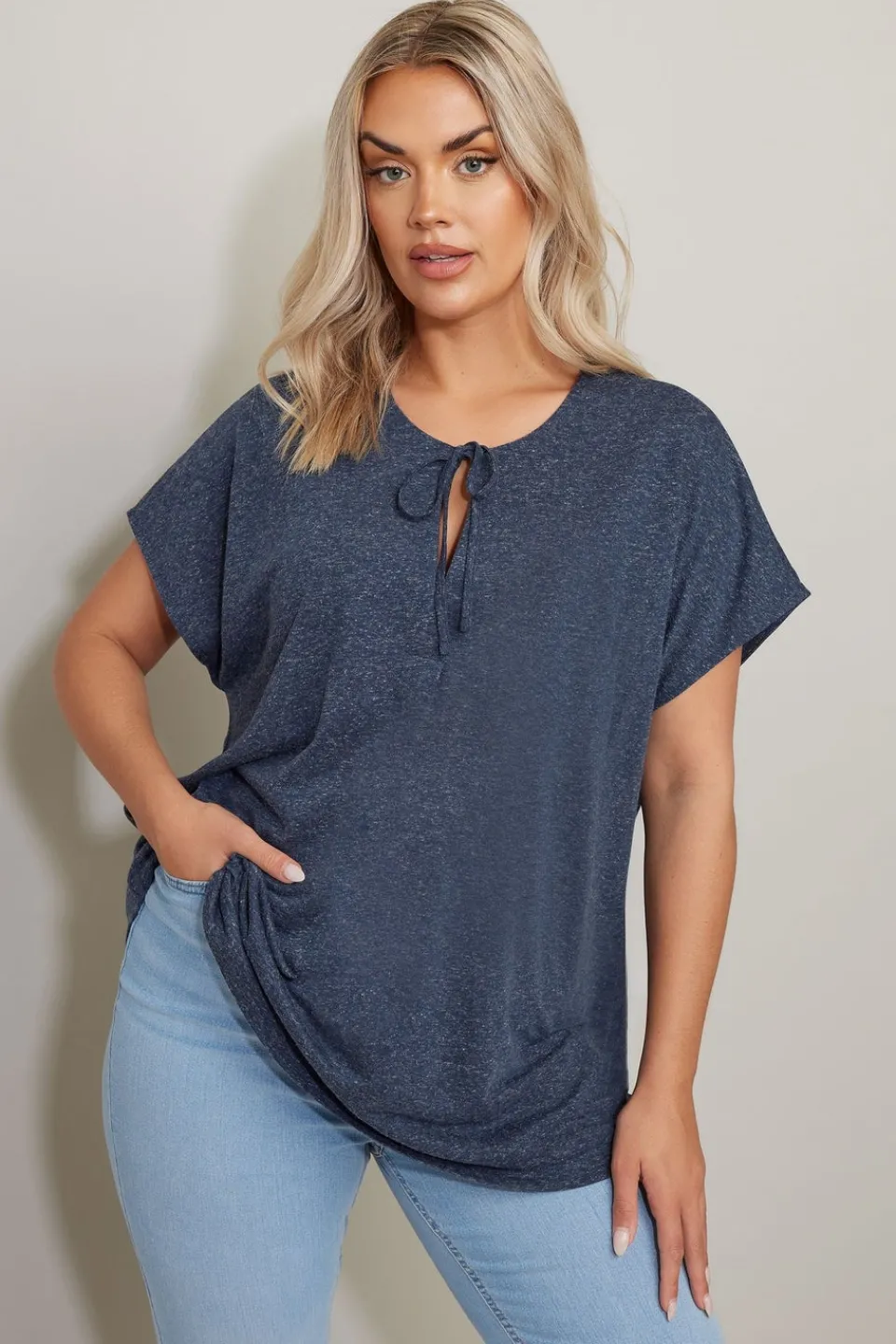 T-Shirts>YOURS Curve Navy Blue Linen Marl Tie Front Top