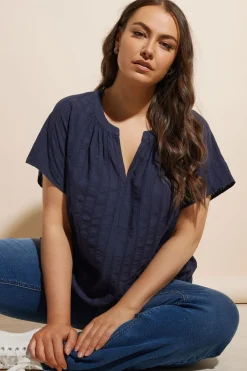 Tops>YOURS Curve Navy Blue Short Sleeve Cotton Blouse